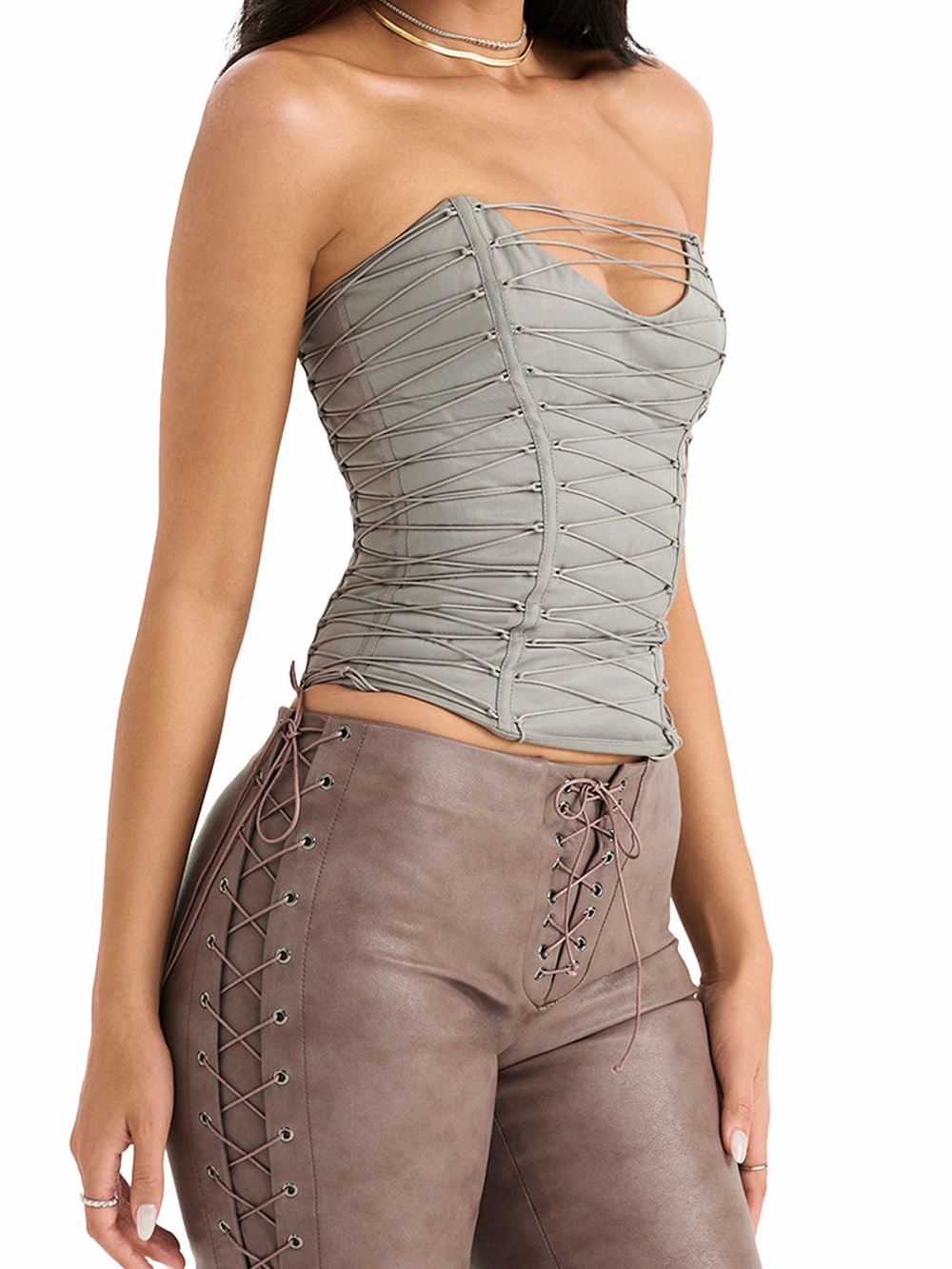 House of CB Grey Lace-Up Strapless Corset Top